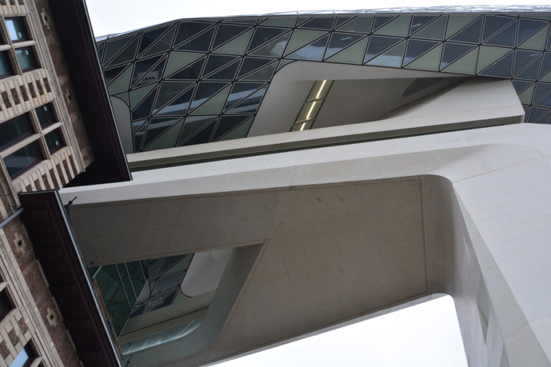 view from beneath of the antwerp port house by zaha hadid