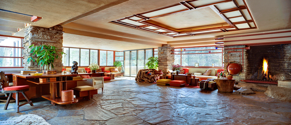 fallingwater frank lloyd wright view across lounge featuring floor tiles