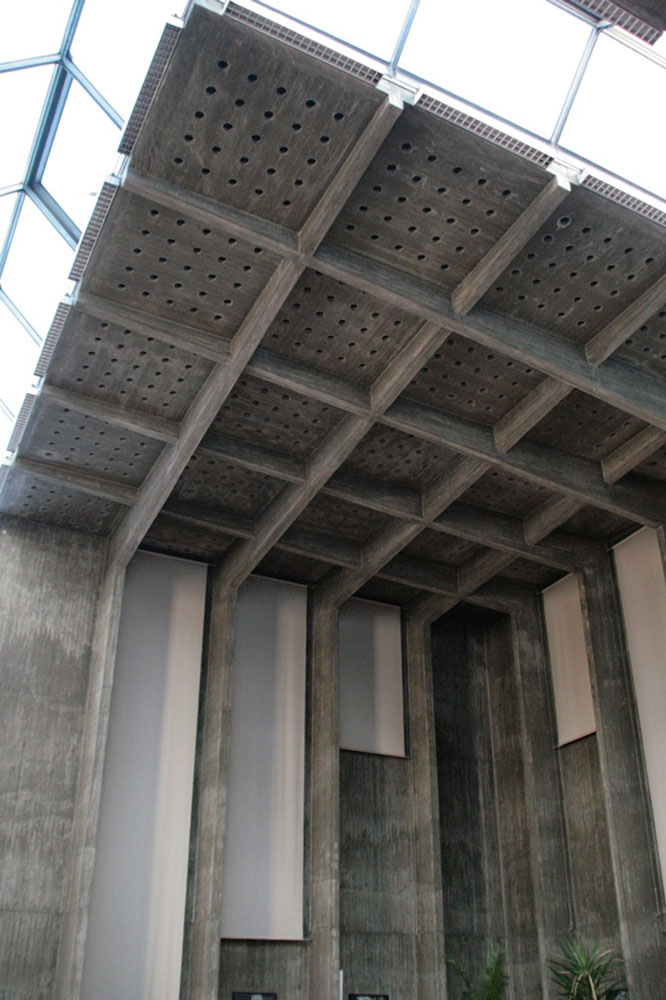 Austrian brutalist architecture Oberbaumgarten church vienna ceiling detail concrete