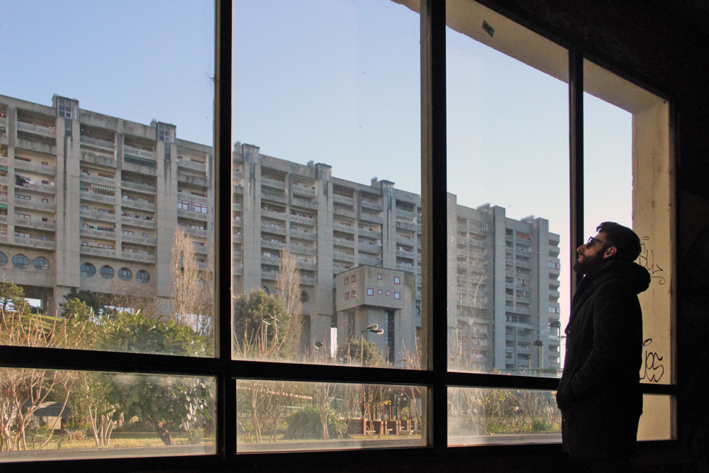 brutalist estate seen from a window