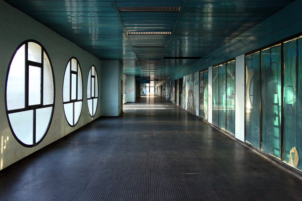 brutalist housing estate internal walkway