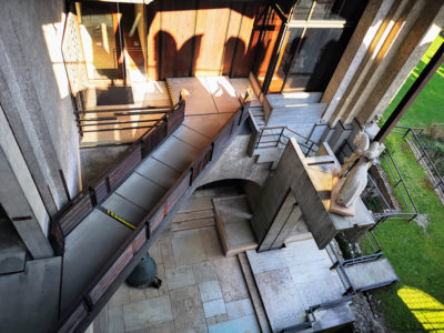 looking down to inside the layers of walkways inside Castel Vecchio by renovated by Carlo Scarpa