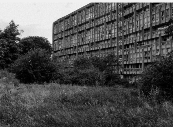 black and white photo of the poplar brutalist estate