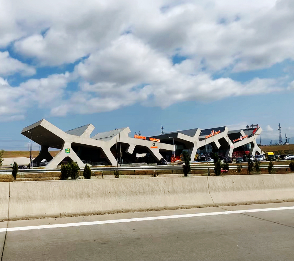 brutalist design motorway stop