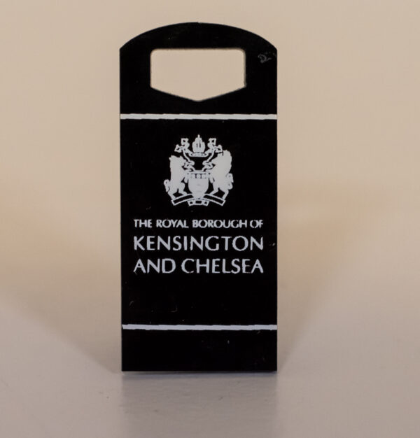 small black bin designed like the kensington and chelsea litter bin