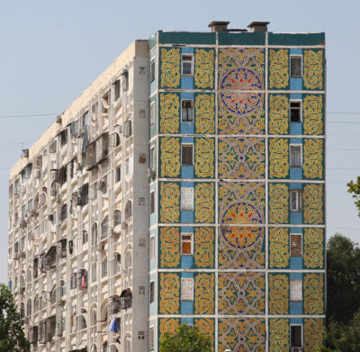 soviet era residential building with painted patterned facade