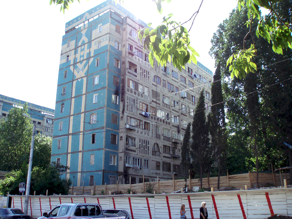 apartment block painted blue 