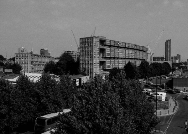 distant view of robin hood gardens from across the motorway