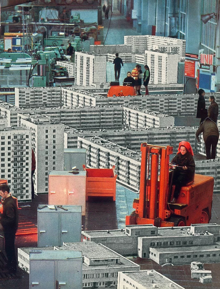 bloks and folk lift machines with workers in red scarfs