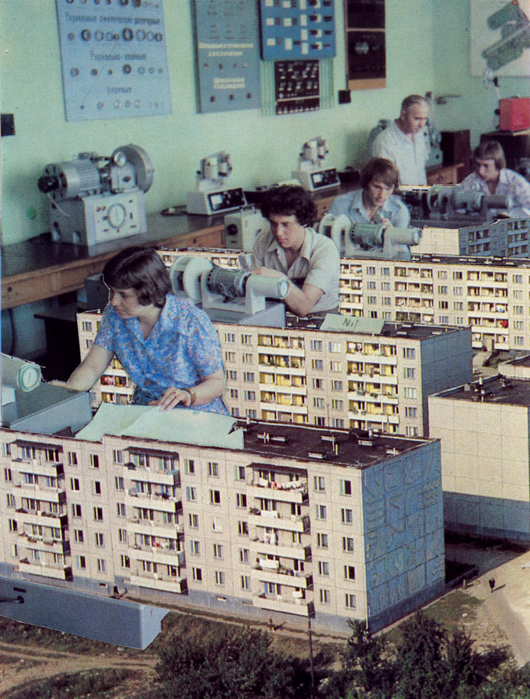 Kruschovske with photomontage of factory workers using the bloks as worktops 