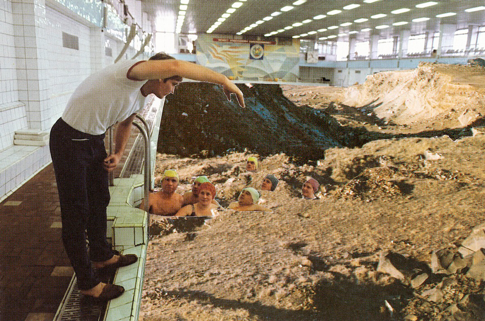 soviet swimming pool and swimmers filled in with soil 