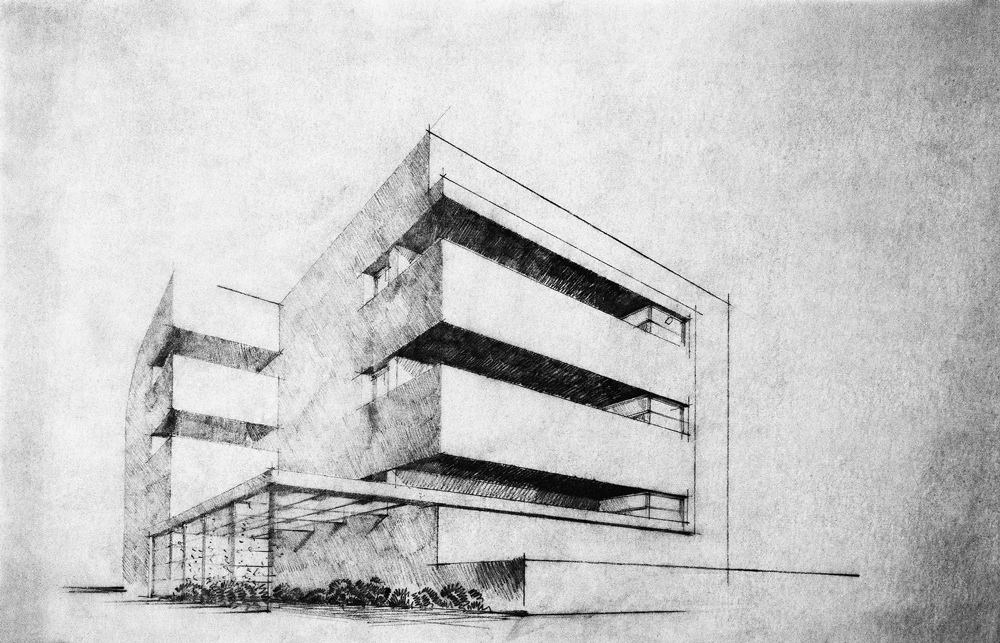 black and white sketch of Liebling House Tel Aviv by architect Dov Karmi 