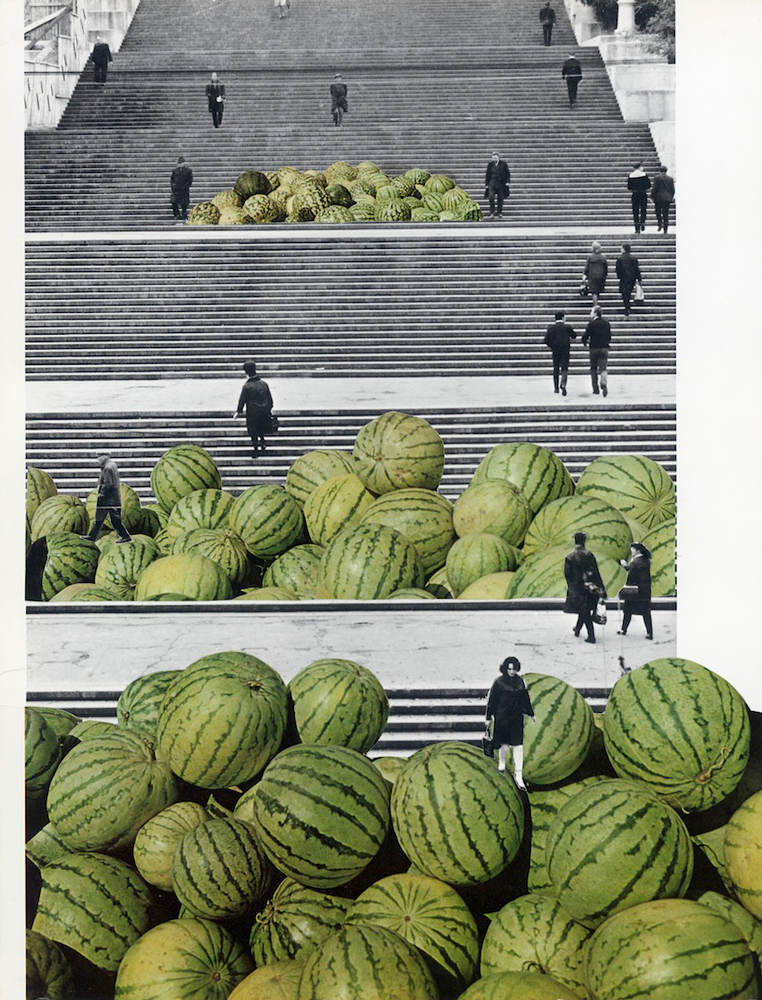 black and white staircase with overlaid image of green melons and silouettes of people in black and white