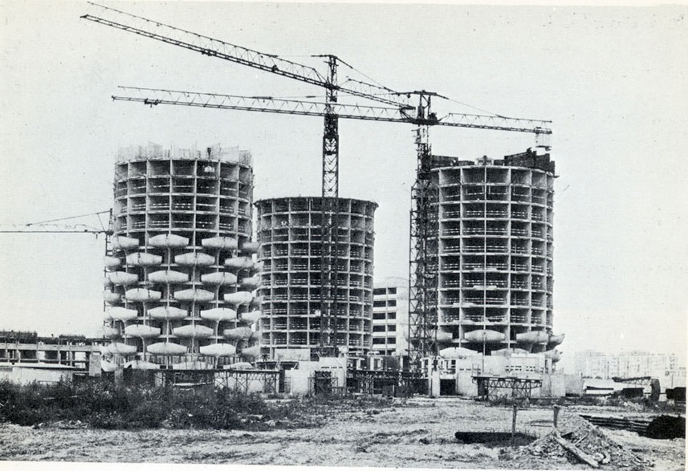 view of three partially built towers in black and white creteil 1970