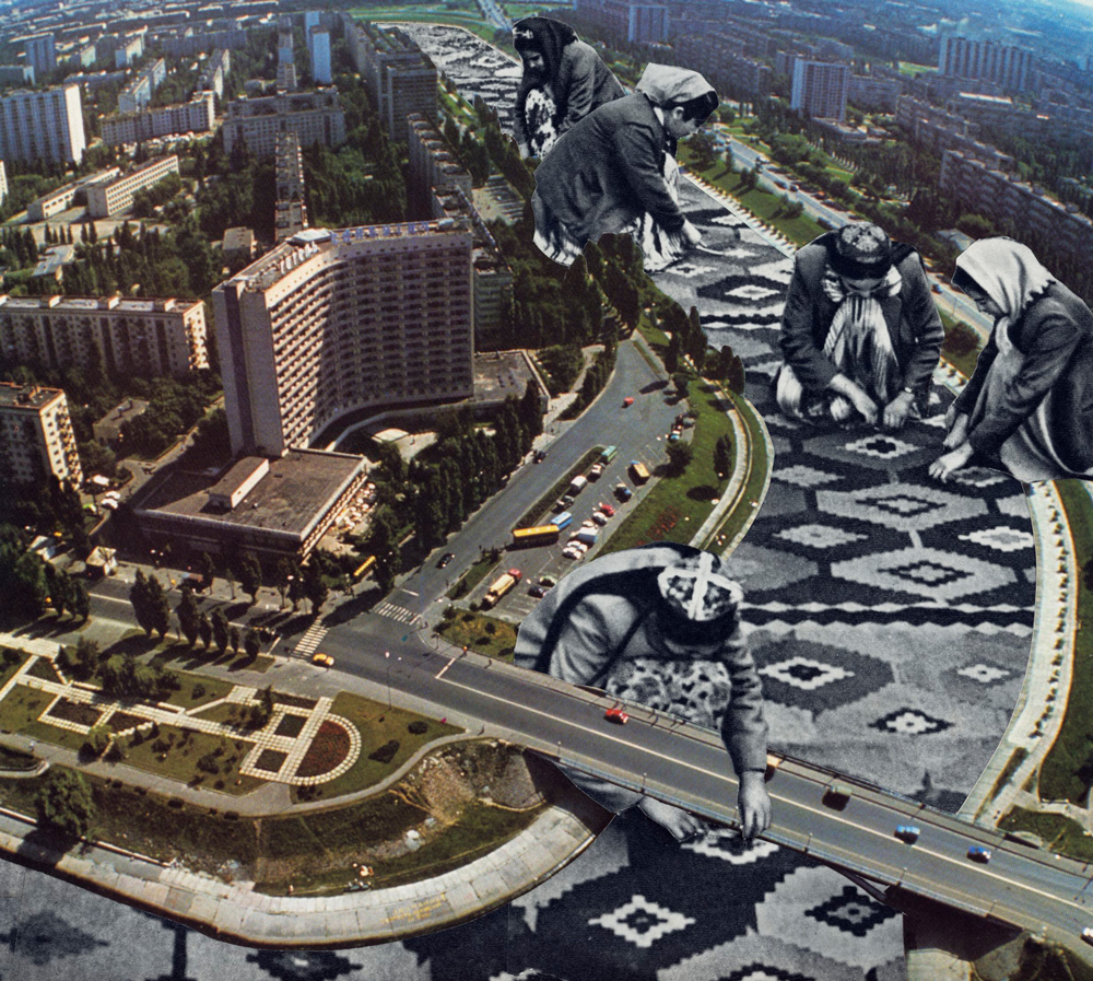 aerial view of city in black and white with super imposed workers in black and white