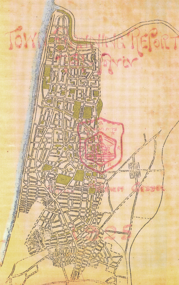 image of map of master plan of tel aviv by Patrick Geddes with municipal stamp on map 
