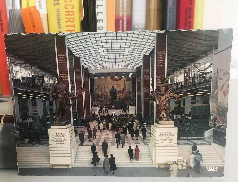 soviet pavilion expo 58 postcard with entrance, sculptures and walkway