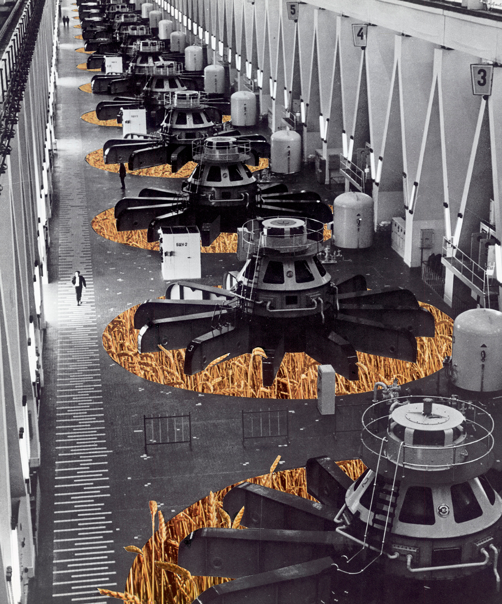 Inside a dam industrial building in black and white with image of wheat in colour