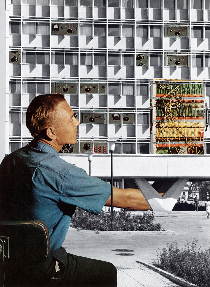 soviet inspired photomontage of building and worker in Tashkent