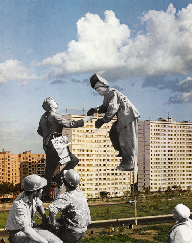 kruschovske in colour with photomontage of soviet workers in black and white