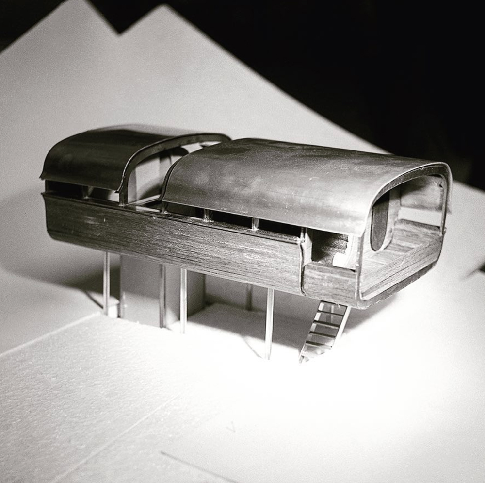 black and white photo of model of chalet 1960s