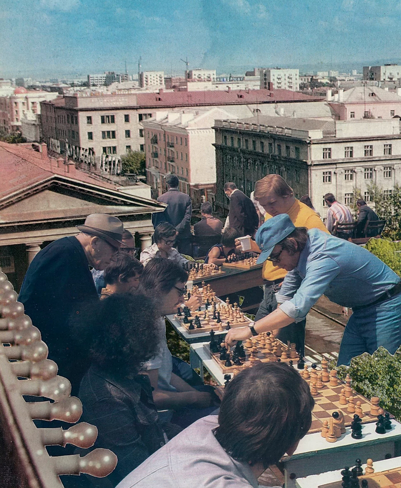 soviet era women playing chess on roofs of buildings