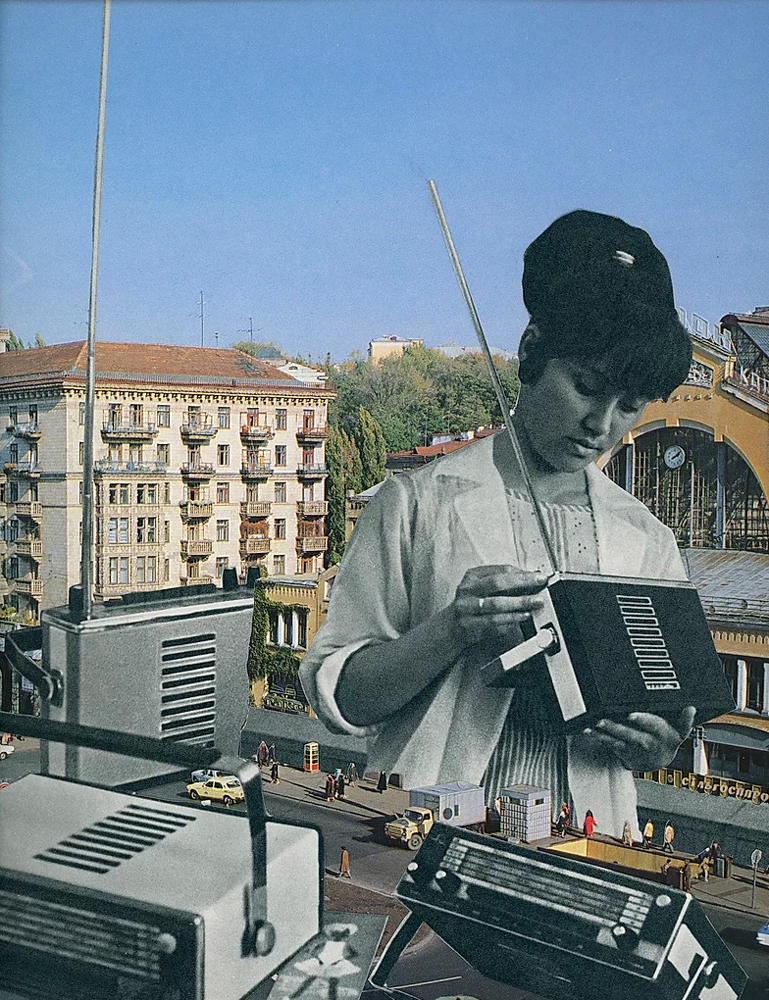 girl with beehive hairstyling looks at soviet radios