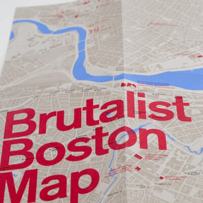 open map with words brutalist boston map in red