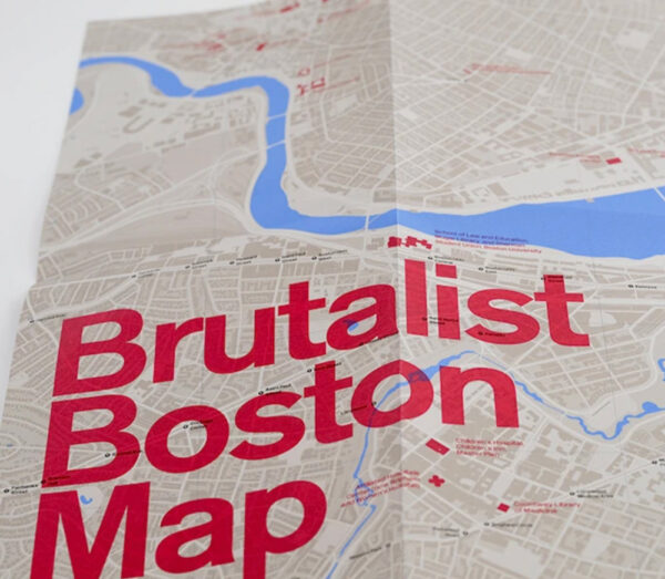 open map with words brutalist boston map in red