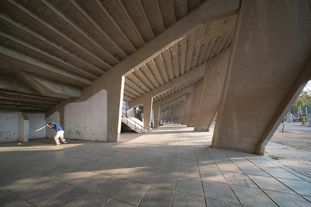 Charles Correa sports stadium view beneath stand