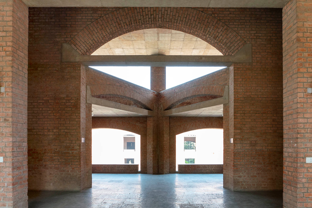 looking towards the entrance of Louis Khan plaza from inside detailed masonry work 