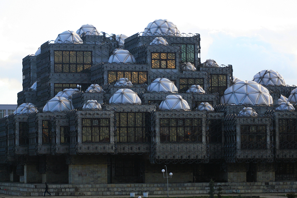 Facade and distintive domes of national library of Kosovo 