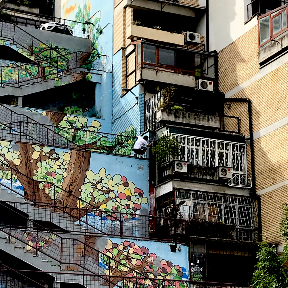 street art of trees and blue skies midway up ciglane sarajevo 