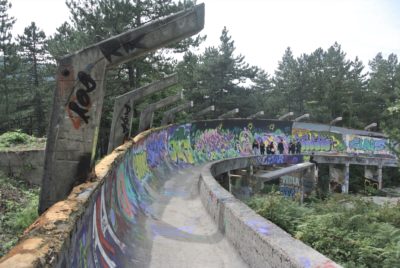 bobsleigh track with graffiti