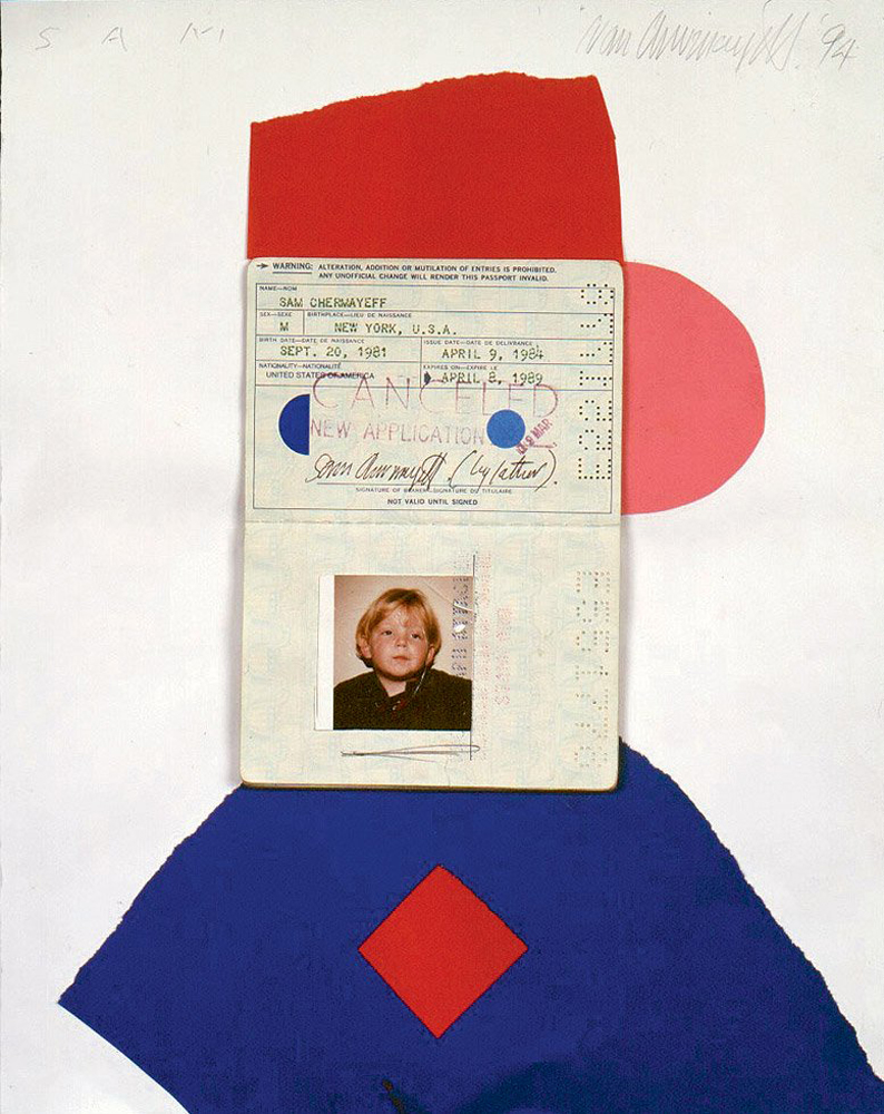 collage with passport and blue and red art