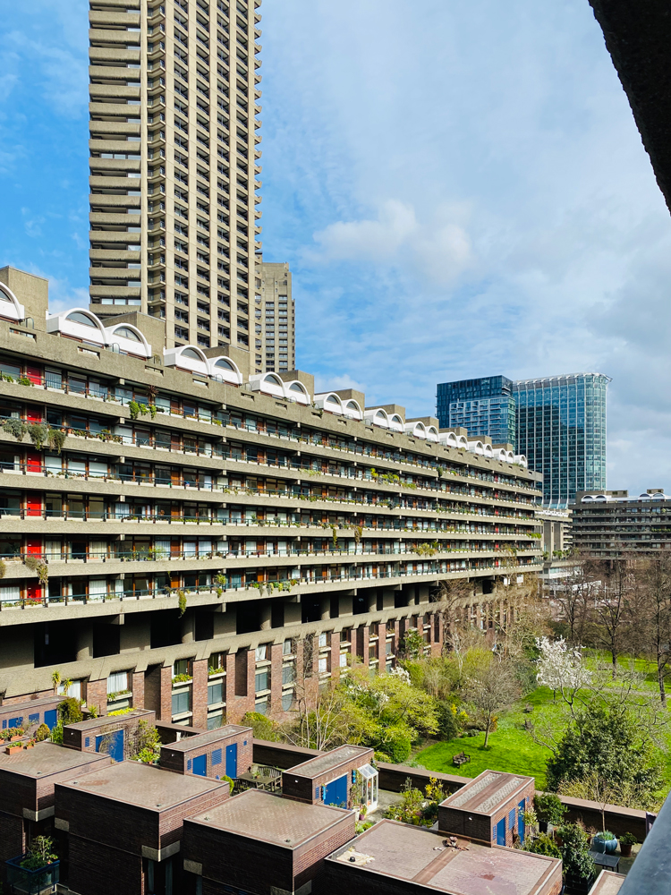 barbican estate in daylight view across gardens