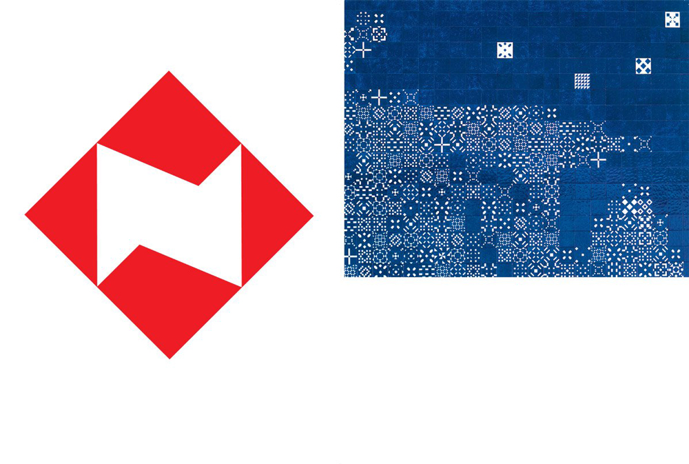 a red graphic and blue pixel tile design 1972