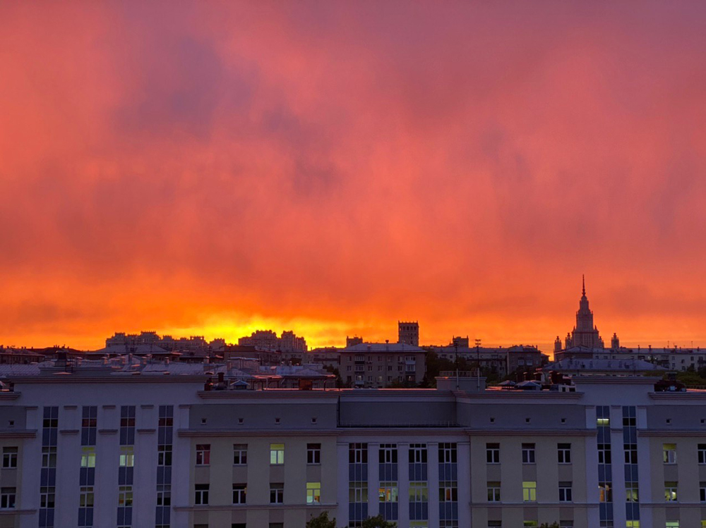 moscow skyline at night flaming sky