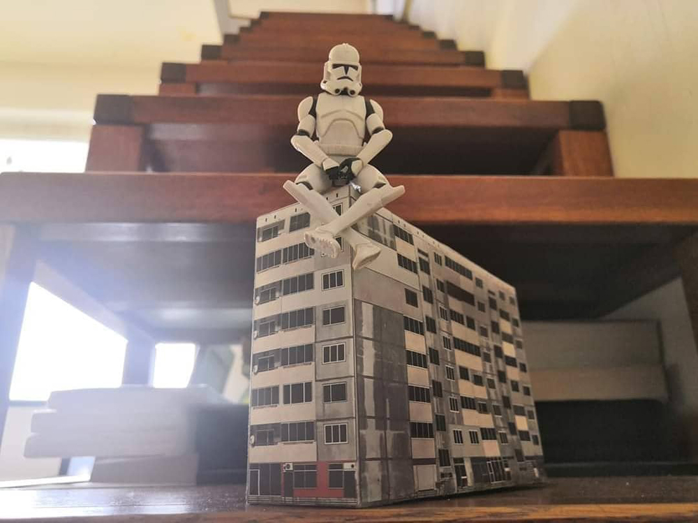 model of panelki with a handsized starwars sitting on top