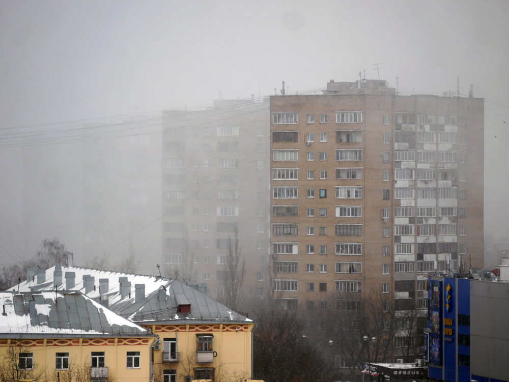 moscow apartment block in a blizard