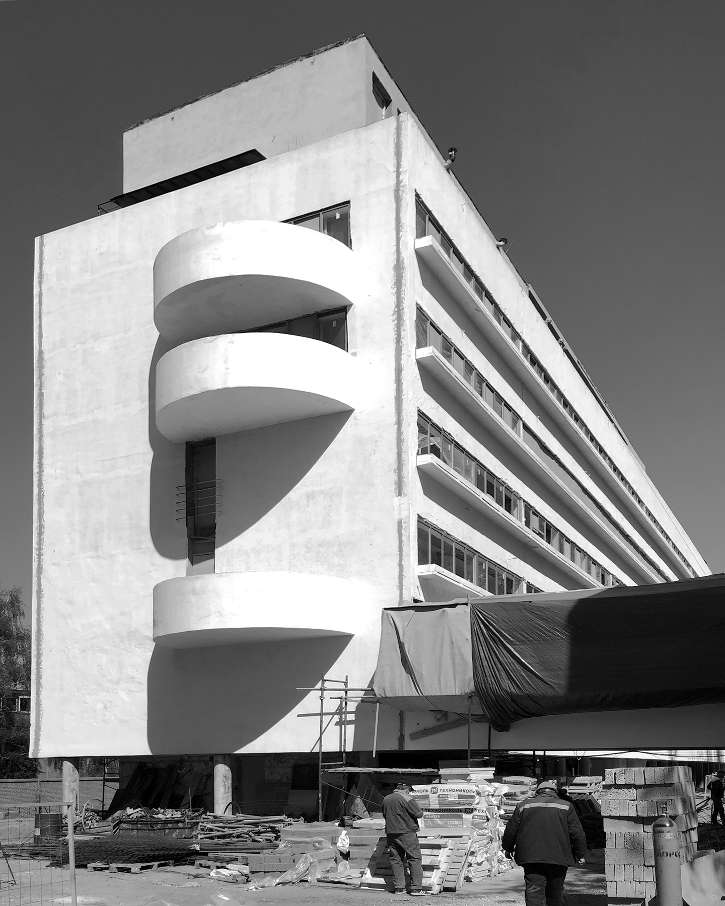 The Narkomfin restored exterior showing the cantilevered balconies