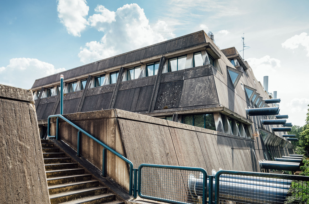 side view of brutalist mausebunker at risk building in berlin