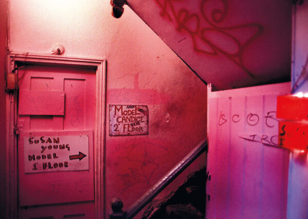 pink lit doorway and advertisements