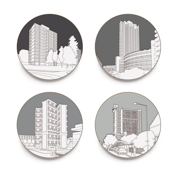 four melamine and cork backed coasters featuring london brutalist architecture