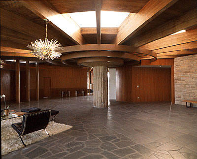 The central column in the John Lautner designed Harvey Residence. The house was restored by kelly Lynch and Mitch Glazer