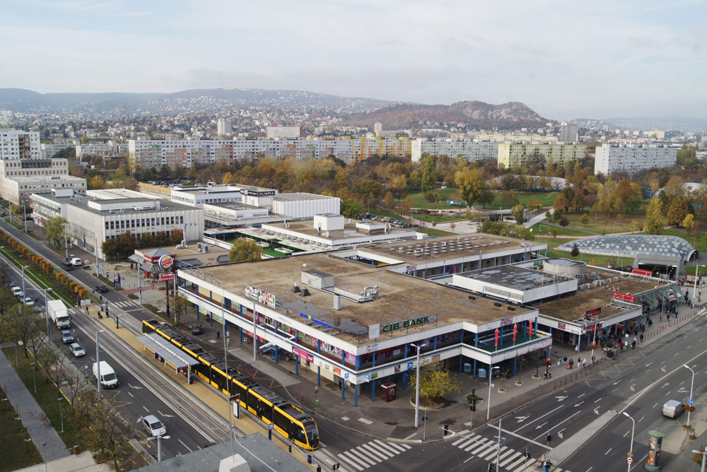 view from a drone of the town centre of Kelenföld