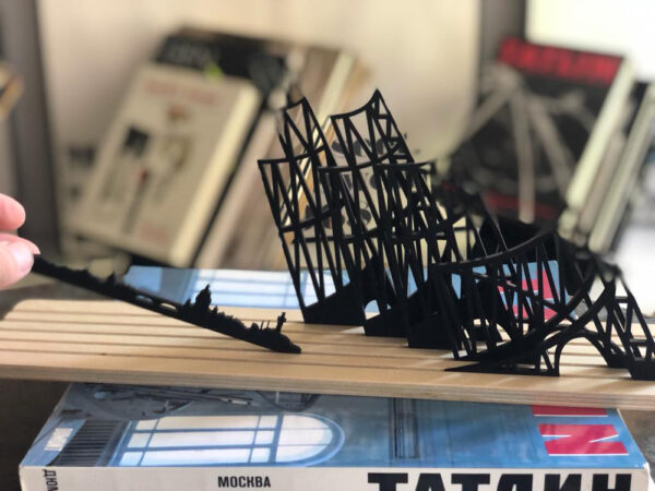 Tatlin Tower diorama with city of St Petersburg skyline