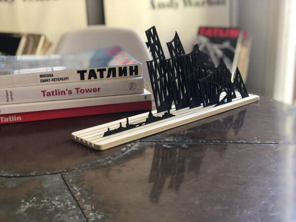 Tatlin Tower diorama with city of St Petersburg skyline