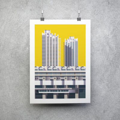Brutalist Architecture barbican estate london chamberlin, powell and bon yellow print